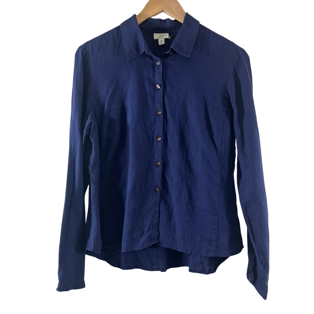 J. Jill Navy Blue 100% Linen Button Down Shirt Long Sleeve Womens XS Tailored